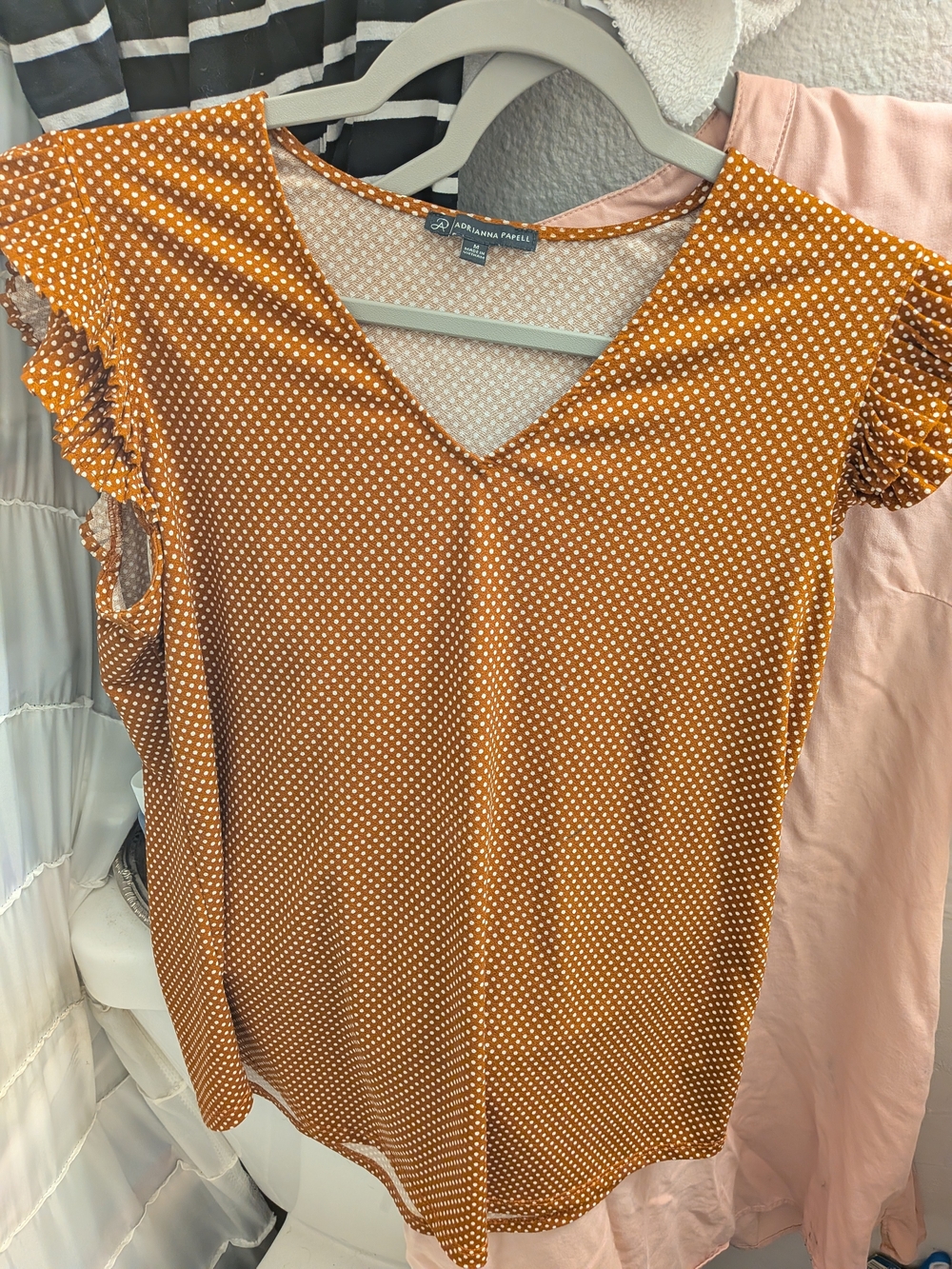 Adrianna Papell Mustard Polka Dot V-Neck Ruffle Sleeve Camisole